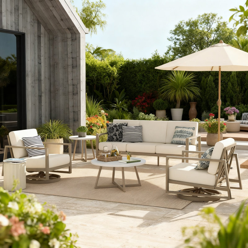 Patio Aluminum 5 Person Conversation Set With Concrete Tables