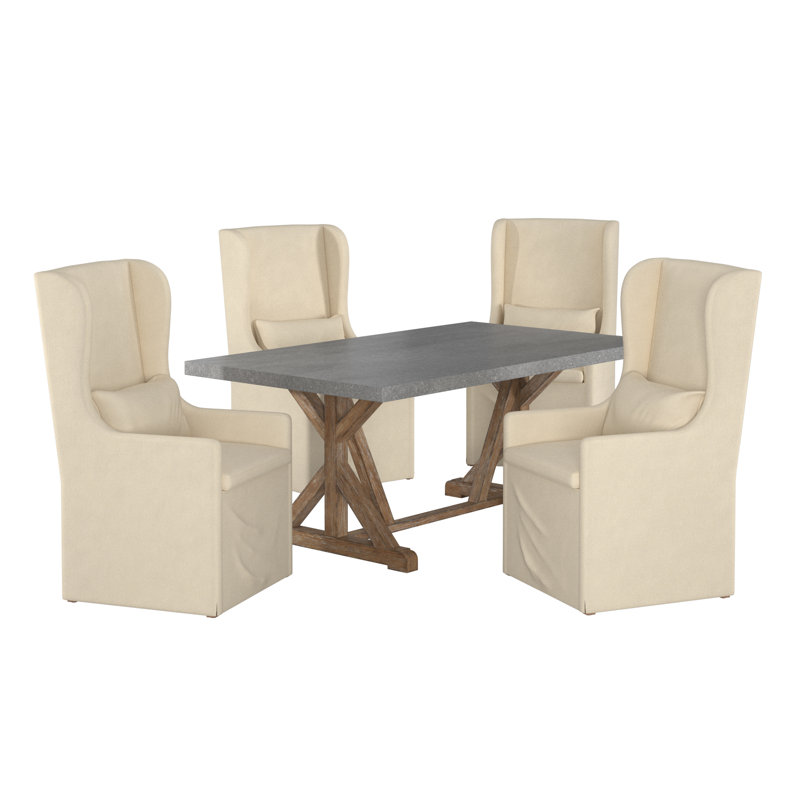 Baxter Concrete Veneer Top Dining Table And Slipcovered Wingback Parson Chairs Set - Full Concrete Veneer Top Table, Fabric Cover Chairs