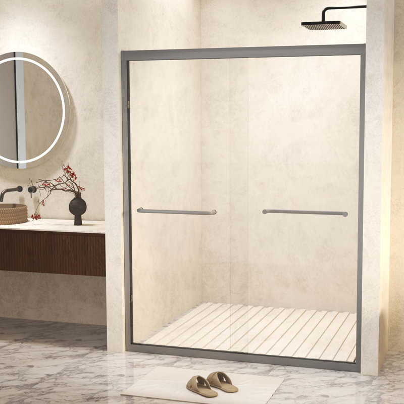 Tempered Glass With Explosion Proof Film,Aluminum Frame Double Sliding Shower Door,Stainless Steel Handle, Brush Nickel
