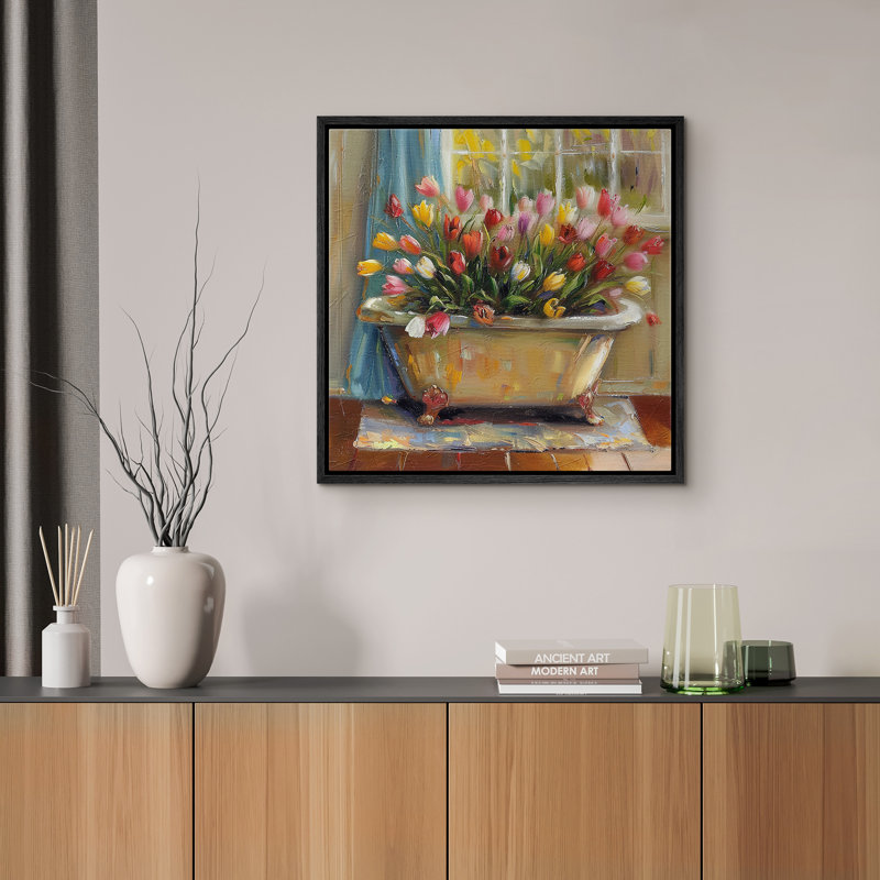 «Colorful Tulip Flowers In The Bathaign» - reproduction d'art sur toile encadrée, Cadre flottant noir