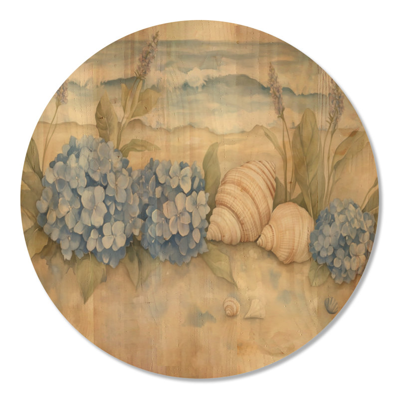 Hortensias au bord de la mer - Décoration murale ronde en bois de style côtier, Rond 23 po, Rond