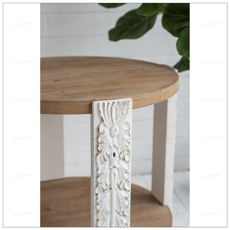 Table d'appoint ronde en bois à deux niveaux avec pieds patinés, parfaite pour un décor rustique et campagnard