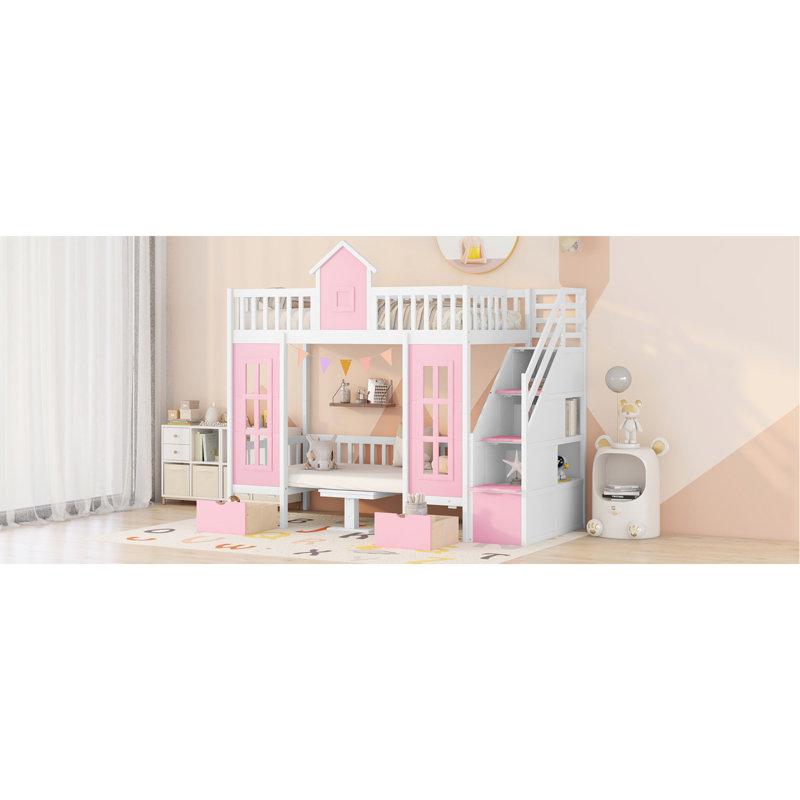 Lit superposé simple rose avec table et bureau pratique Twintwin rose, mignon