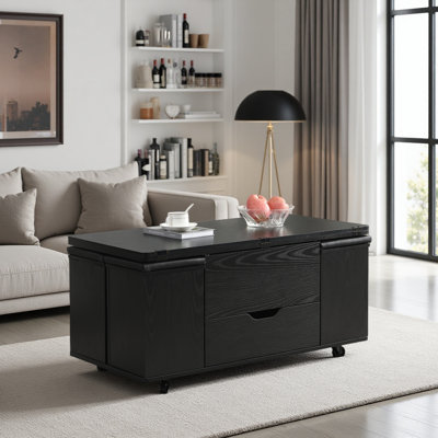 Table basse multifonctionnelle à plateau relevable avec rangement et tabourets cachés, table centrale moderne multifonctionnelle avec 4 tabourets et roulettes,