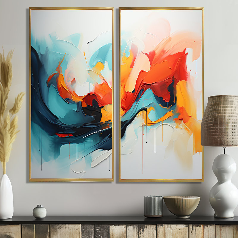 «Colorful Abstract Expression II», art mural moderne bleu, 2 pièces, H 40 po x l 40 po, Impression encadrée flottante, Doré