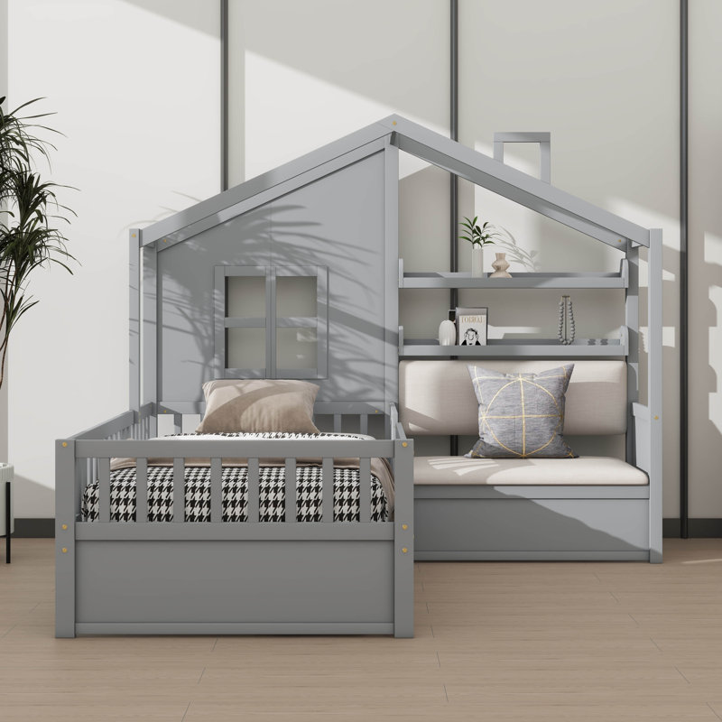 Lit plateforme simple pour enfants avec canapé intégré, tiroirs doubles et tablette de rangement, gris