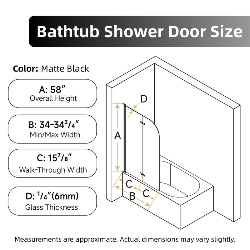 Porte de douche pliante l 34 po x H 58 po pour baignoire, conception pliante, verre trempé de 1/4 po, Noir mat