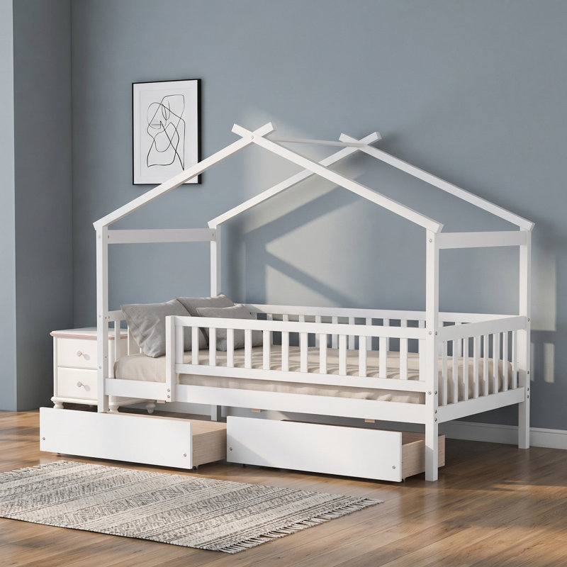Lit simple en bois avec deux tiroirs, Blanc
