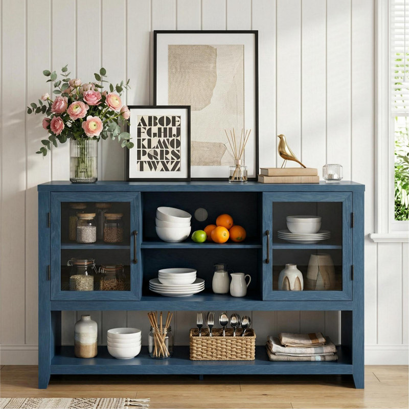 Buffet 53 po avec 2 portes en verre, rangement pour table basse de style campagnard avec tablettes ouvertes, pour le salon, la cuisine, la salle à manger, le vestibule, bleu