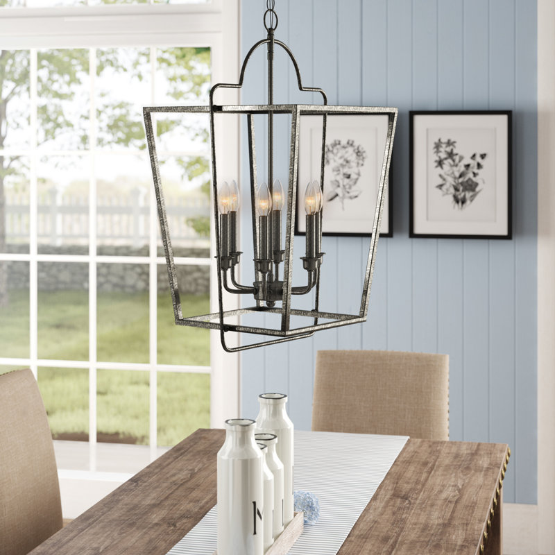 6 - Light Dimmable Lantern Geometric Chandelier, Antique Silver