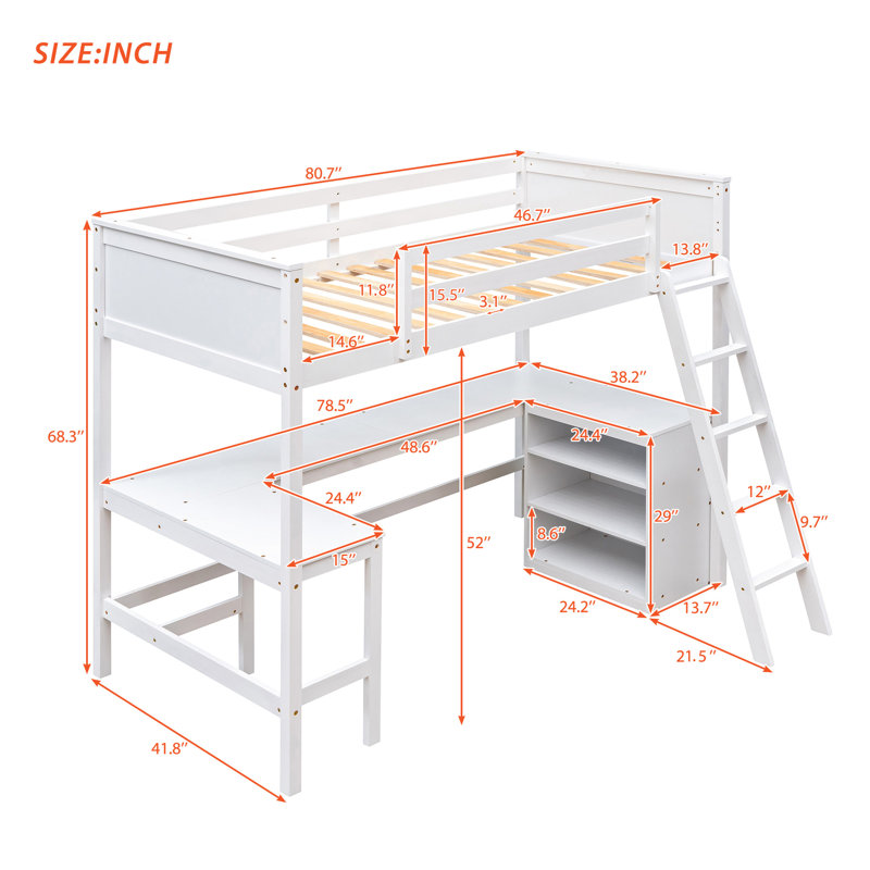Lit mezzanine blanc avec bureau et tablettes. Structure en bois de pin massif pour plus de stabilité. Idéal pour les maisons à espace limité. Tablettes et espace de jeu supplémentaires - blanc, une étude paisible