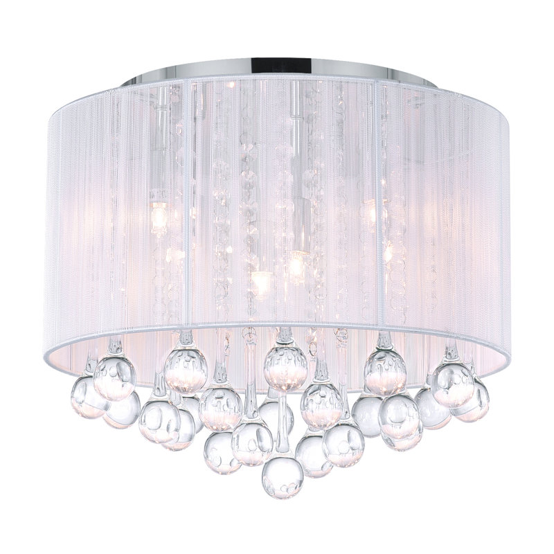Cadre chromé encastré 6 lumières 14 po et abat-jour blanc avec gouttes de cristal, Blanc