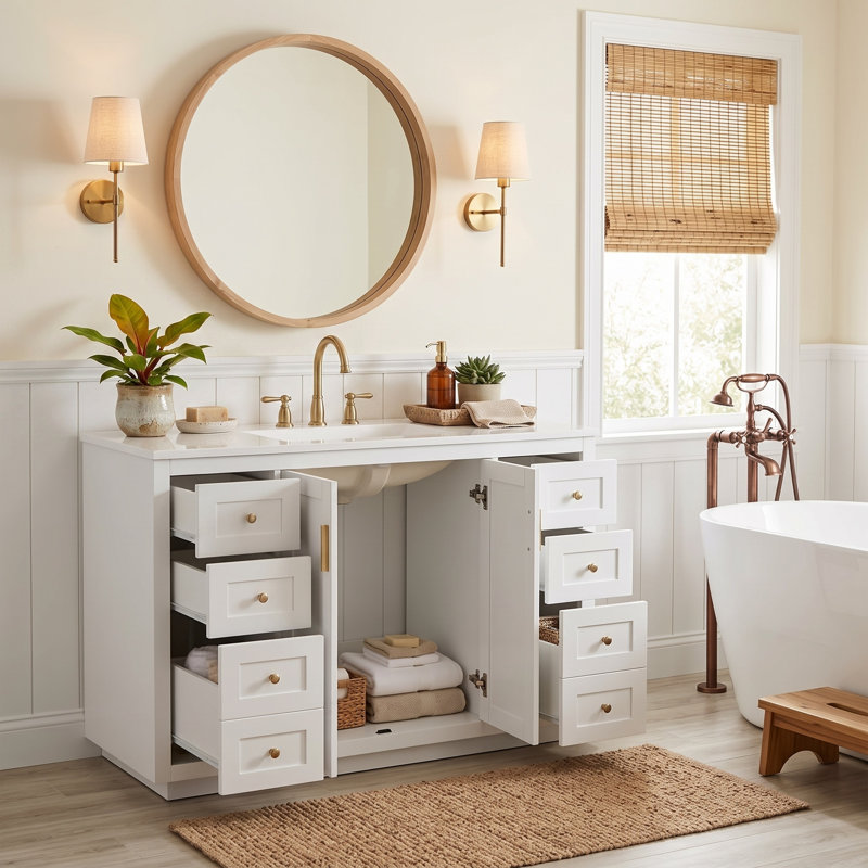 Ensemble meuble-lavabo moderne autoportant de 122 cm (48 po), armoire de rangement pour salle de bain à 6 tiroirs, Blanc