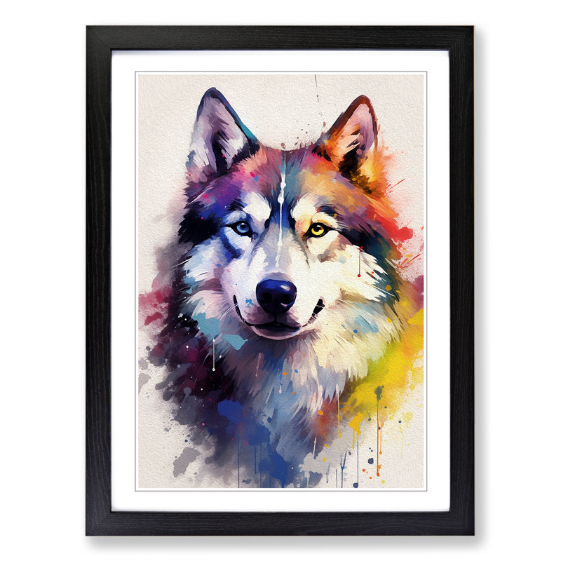 Husky Gestural - Single Picture Frame Print on Wood, Black, 34cm H x 25cm W x 2cm D