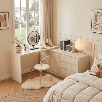 57" Modern Cream Extendable Countertop Dresser 3-Drawers & 2-Doors Makeup Vanity Set