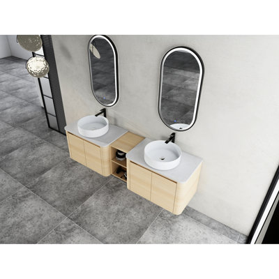 Ensemble de meuble-lavabo mural 72 po avec lavabo d'art en céramique, 1 tablette de rangement, 4 portes à fermeture en douceur, emballage Kd, finition à l'eau