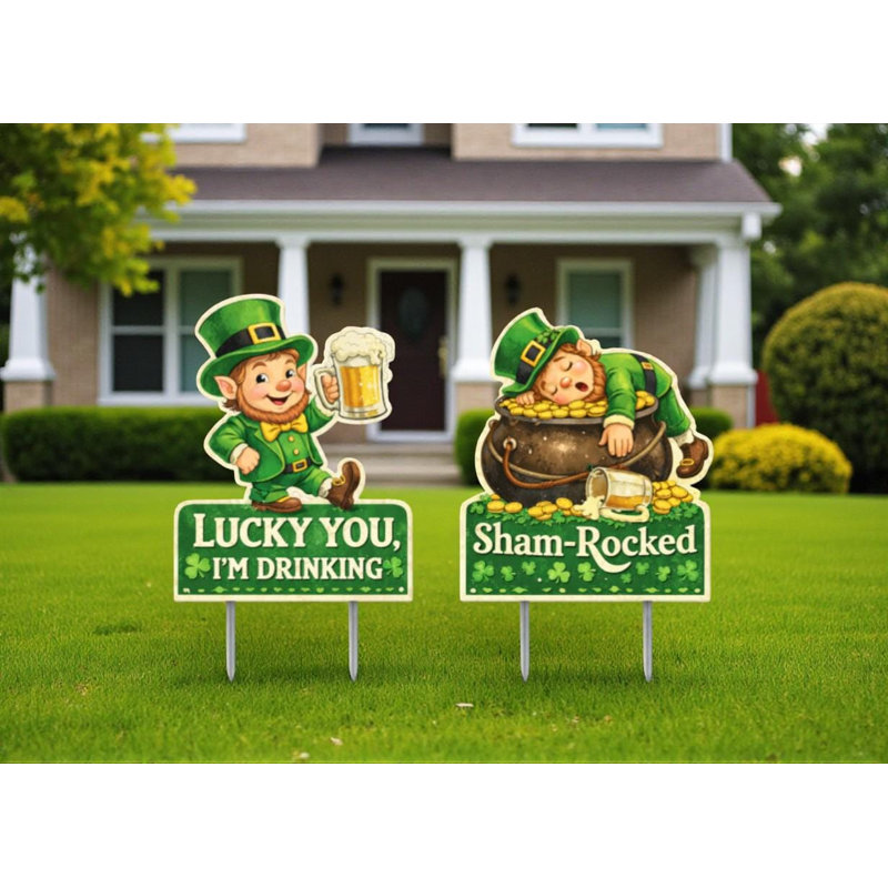 Ensemble de panneaux de jardin pour la Saint-Patrick avec gnomes – Décoration extérieure en PVC de qualité supérieure – 30 cm de hauteur + piquets en métal – Décorations de pelouse réutilisables