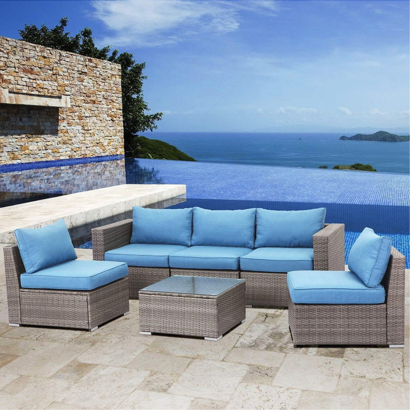 Ensemble de canapé d'extérieur sans accoudoirs en osier de 59,8 po de largeur, ensemble de causeuse de patio 2 pièces avec coussins bleus