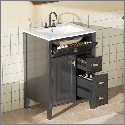 Meuble-lavabo noir 24 po avec lavabo, panneau de fibres à densité moyenne et fabrication en bois d'hévéa, 3 tiroirs et armoire avec support de rangement à 2 niveaux, porte et tiroirs à fermeture en douceur, conception moderne pour les petites et moyennes salles de bain
