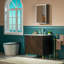 Meuble-lavabo moderne 36 po avec comptoir en pierre reconstituée blanche, lavabo encastré et décorations noires / dorées peintes à la main Eden
