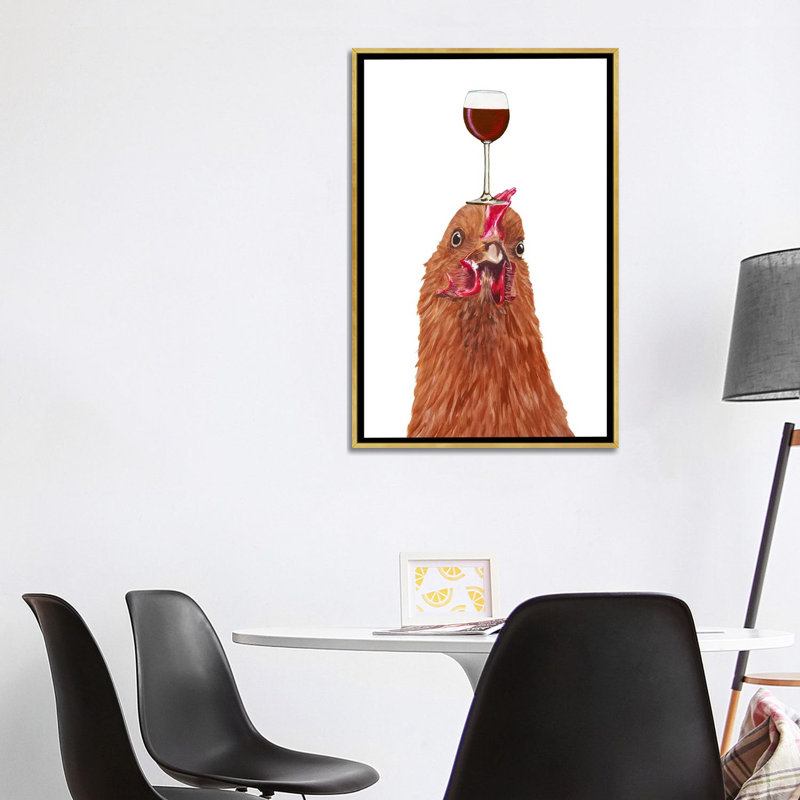 Poule avec verre à vin par Coco de Paris - reproduction d'art, Aucun mat, H 40 po x l 26 po x P 1,5 po, Toile encadrée d'or