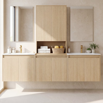 72" Floating Double Bathroom Vanity with Upper Cabinet, Ceramic Sink and Handle-Free Design