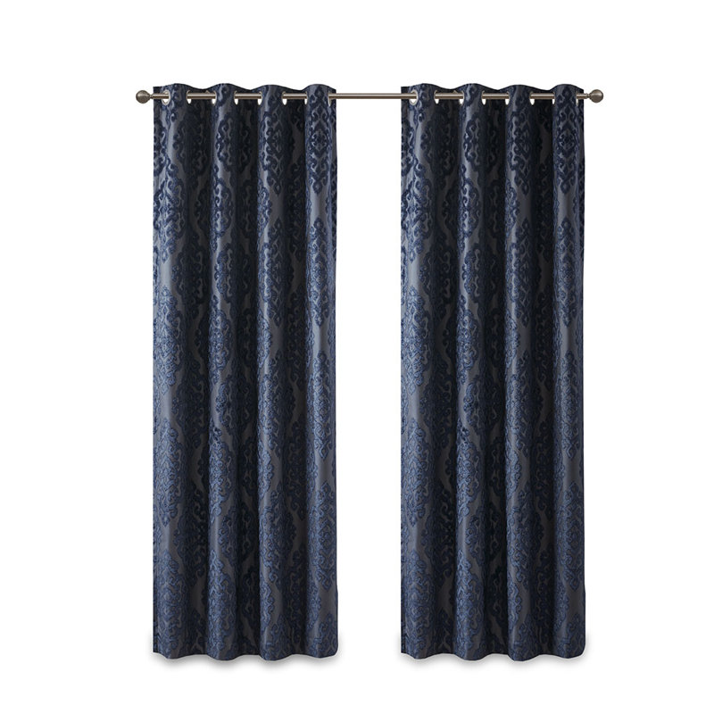 Rideau tricoté en jacquard damassé occultant avec œillets (seulement 1 panneau PC), Bleu marine, L 10,24 po x H 9,84 po