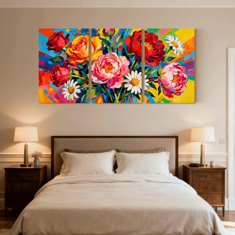 Plantes et fleurs, bouquet floral éclatant avec roses et marguerites, ensemble de 3 impressions sur toile, H 24 po x l 48 po