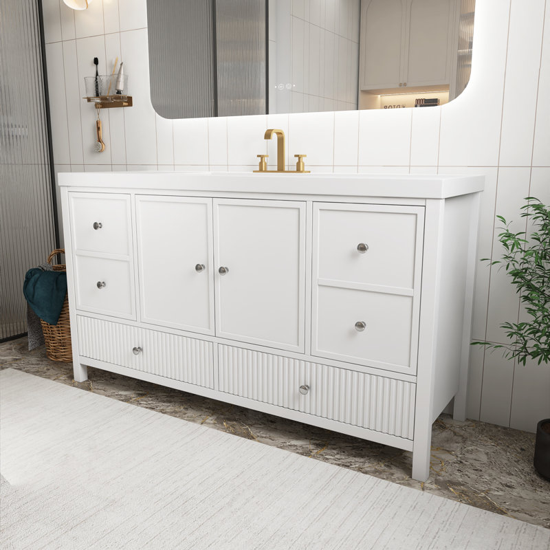 Meuble-lavabo blanc 60 po avec lavabo séparé, portes à fermeture douce et 4 tiroirs, Blanc
