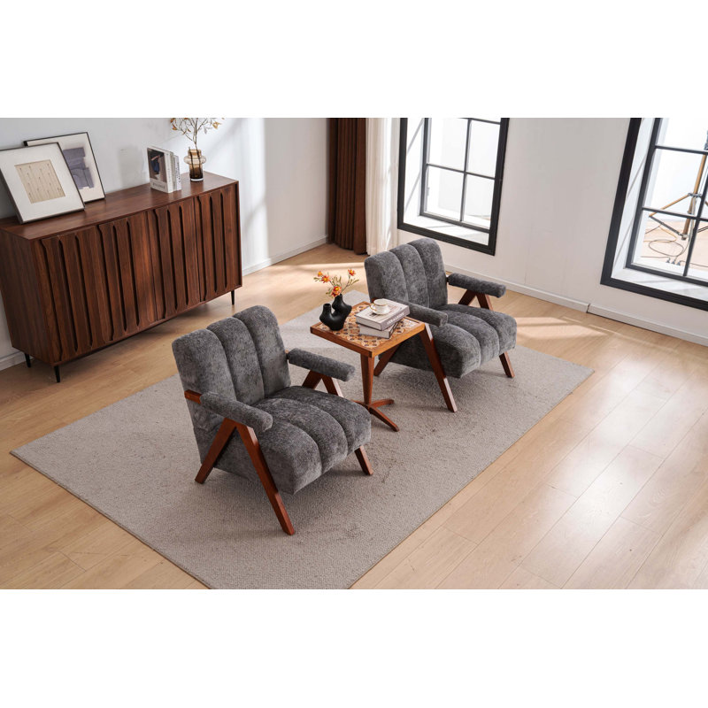 Ensemble de 2 chaises d'appoint en chenille de style Mid-Century moderne en forme de nuage, fauteuils de salon en bois massif pour le salon et la chambre à coucher