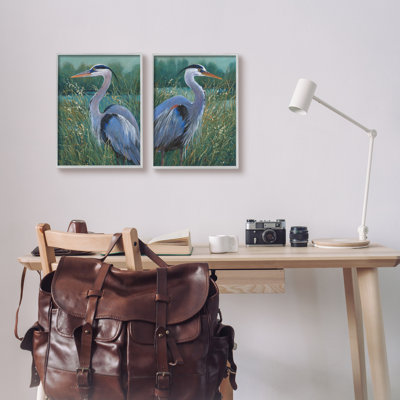 Herons & Lake Landscape, reproduction encadrée sur bois 2 pièces
