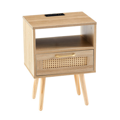 16.13" Table With Solid Wood Legs, Charging, And Elegant Design - Natural End Drawer & , Frame, Smooth Texture Living Room