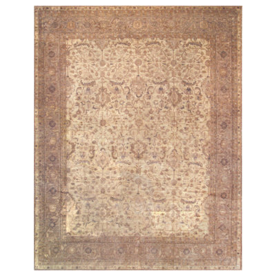 Tapis beige antique en laine noué à la main style floral des années 1930 11 pi 9 po x 14 pi 10 po