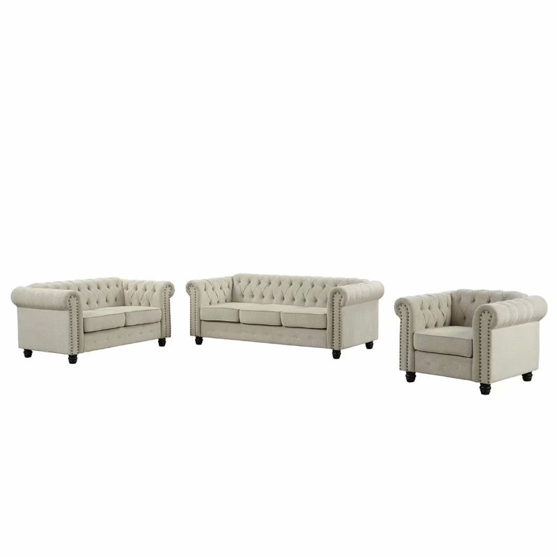 Agisilaos 3 - Piece Living Room Set, Beige Linen Blend