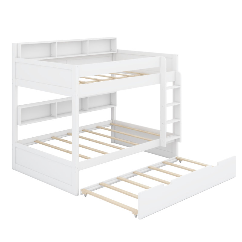 Bunk Bed with Roll-Out Trundle for Extra Sleeping Space, White