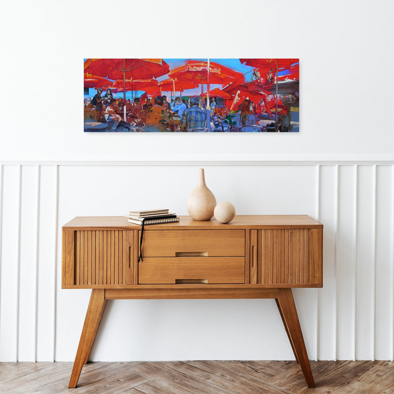 «Red Umbrellas Cafe», art mural contemporain, H 36 po x l 12 po