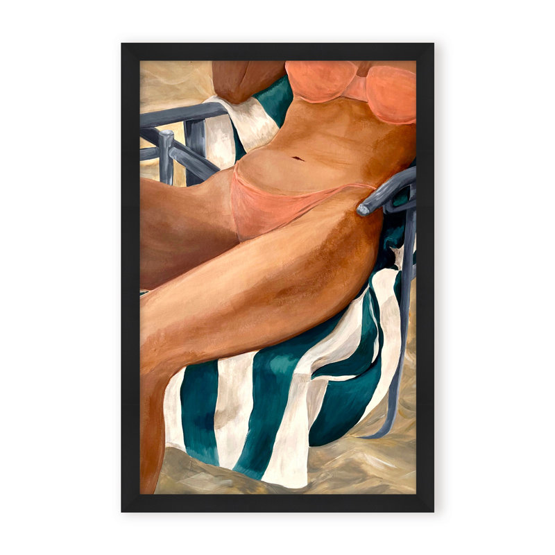 Coastal Retreat Riviera Retreat: Woman Lounging On Beach Towel And Chair, 40" H x 30" W x 1.125" D, White, Framed Print