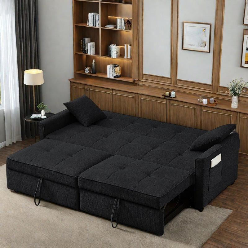 3 In 1 Convertible Sleeper Sofa Bed With Reclining Backrest, Pillows And Side Pockets, Black