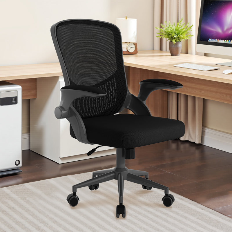 Mesh Office Chair with Flip-Up Armrests and Back Storage Pocket, Adjustable Swivel Computer Chair, Black