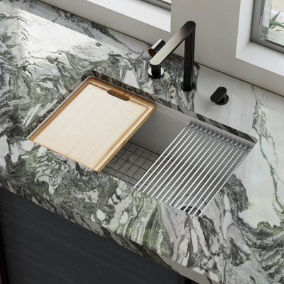 Los Flexi White Kitchen Sink Drop-in/Undermount Fireclay Workstation Deep Single Bowl, Offset Drain Opening, Cutting Board & Drying Rack Included
