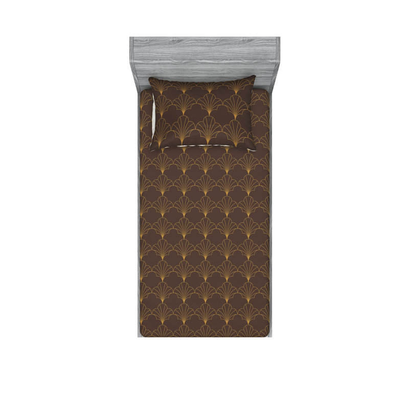  Ensemble de draps en microfibre géométrique, Ensemble de draps pour lit simple avec 1 taie d'or, Brun foncé / brun sable