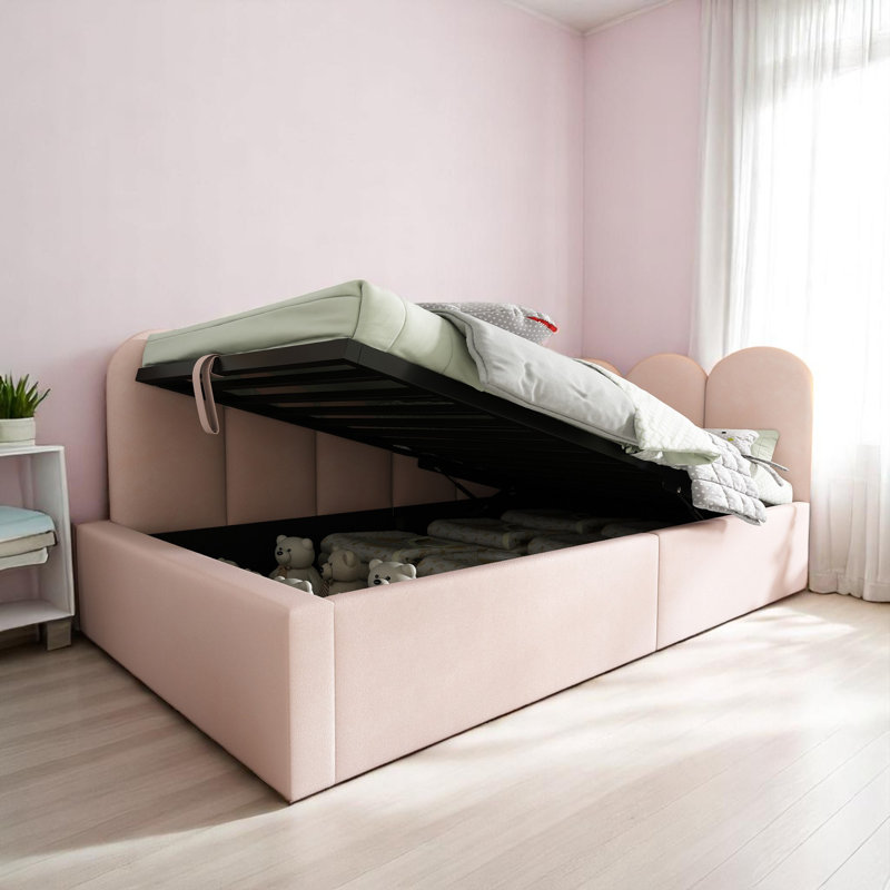 Velvet Upholstered Ottoman 3FT Single Sofa Bed 90X190cm With Hydraulic Storage Bed Frame With Metal Slatted Frame, Pink