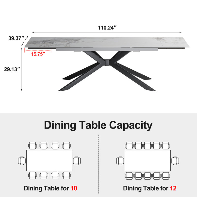 78.74'' To 110.24'' Rectangular Extendable Dining Table With Sintered Stone Top For 8-12, Chanel White