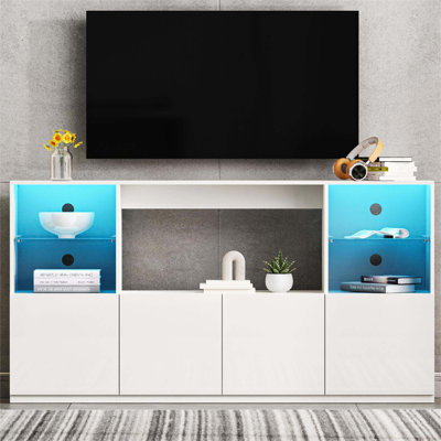 Meuble télé avec lumières DEL, buffet moderne avec grande armoire de rangement, console multimédia avec tablettes en verre trempé pour téléviseur de 75 po ou moins