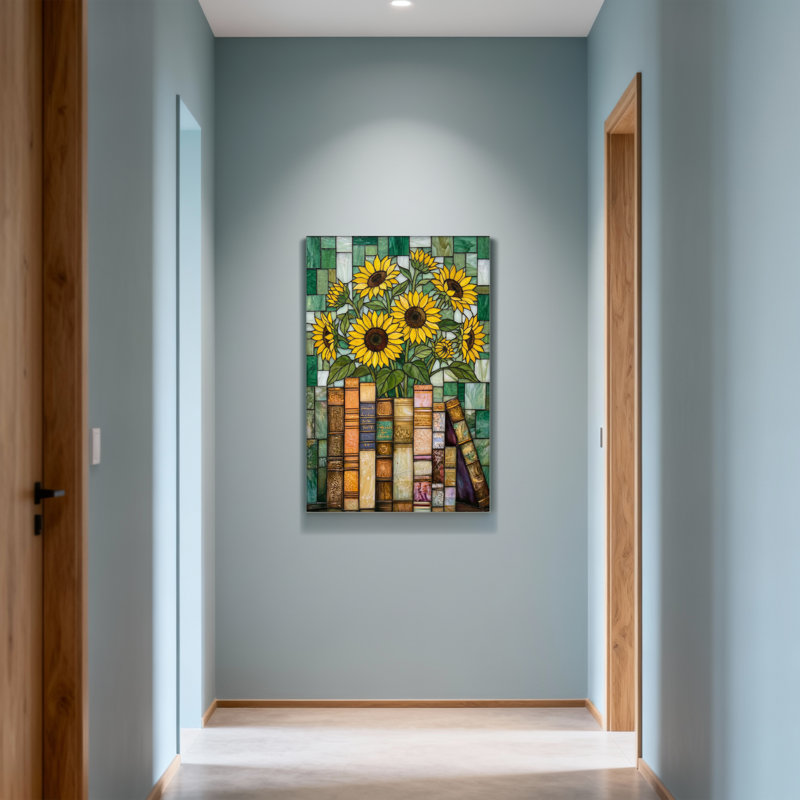 Plantes et fleurs, tournesols, livres, mosaïque, impression sur toile, H 18 po x l 12 po