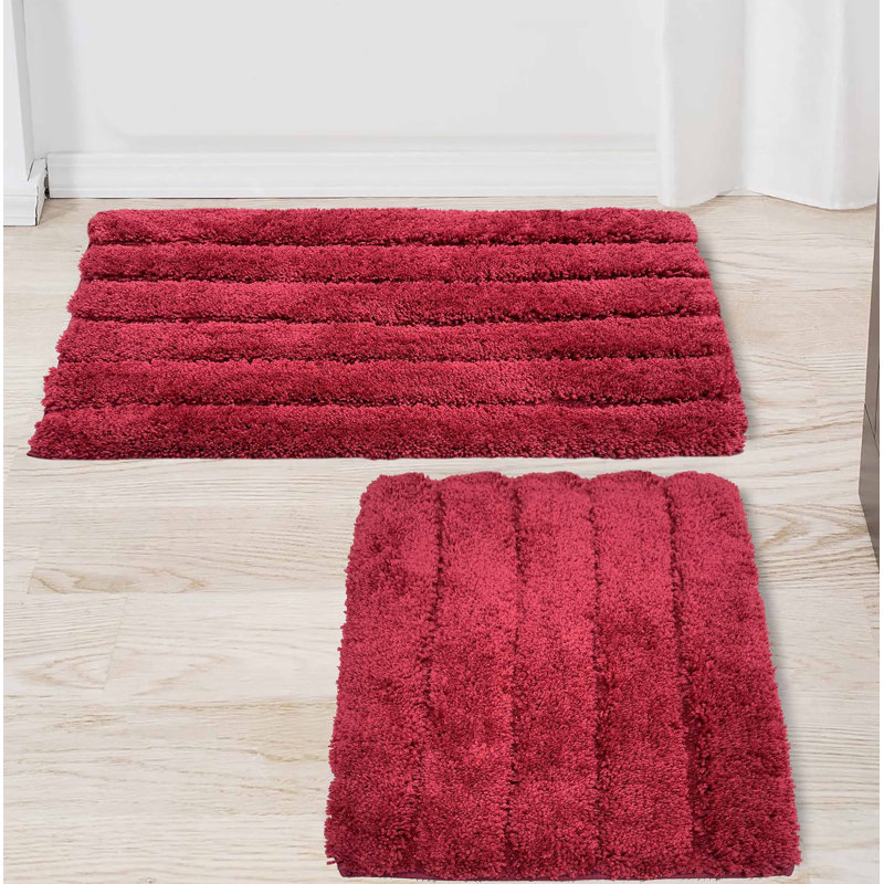 2 Piece Bath Mat Set - Ivory Solid Striped Bathroom Mat Soft Plush Thick, Red