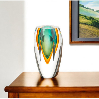 Orozco 6" Clear Amber and Green Abstract Murano Glass Table Vase