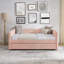 Lit de jour double avec lit gigogne escamotable simple, canapé-lit capitonné, tissu Boucle, sièges confortables et élégants-869405686-869405685