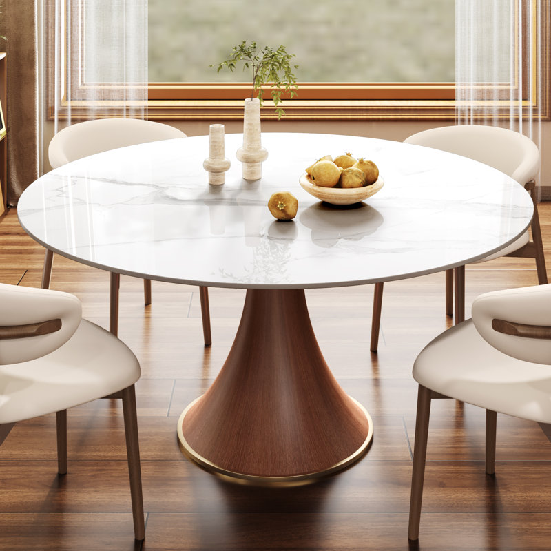 Spiro 5Pcs Round Solid Wood Dining Stylish Set With Sintered Stone Table, 4 Comfortable Upholstered Chairs, White
