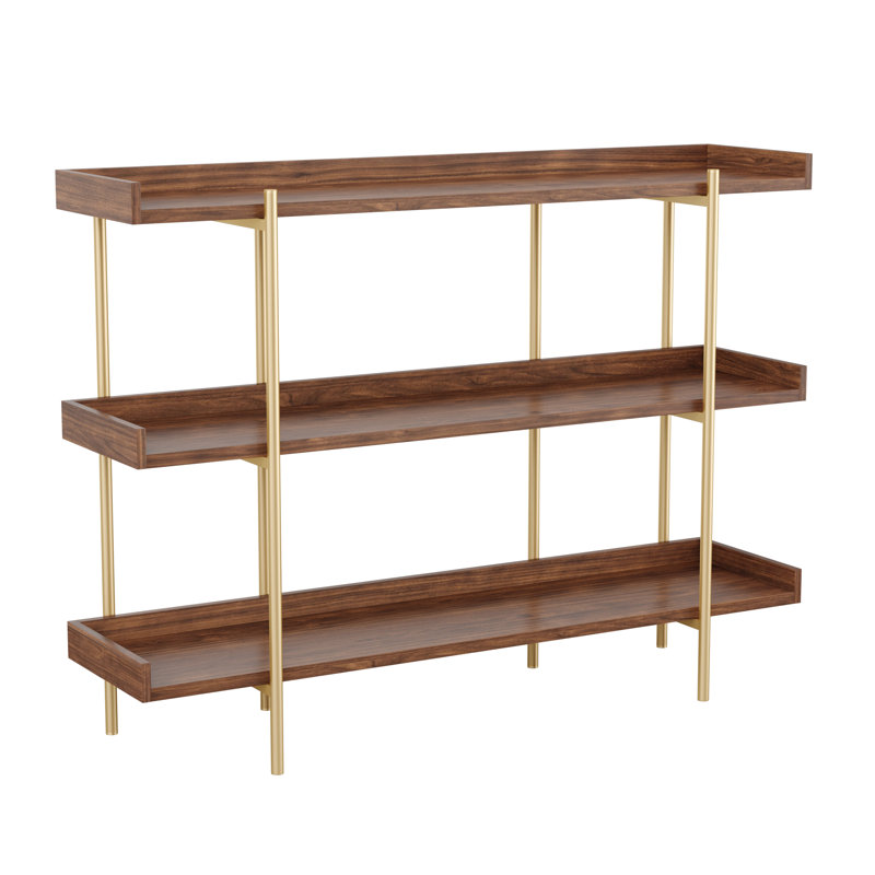 Walnut Wood Grain 3-Shelf Bookcase with Polished Brass Frame
